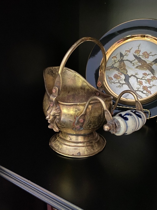 None Other - Antique Hand Crafted Mini Pitcher With Lion Heads & Blue White Painted Handle